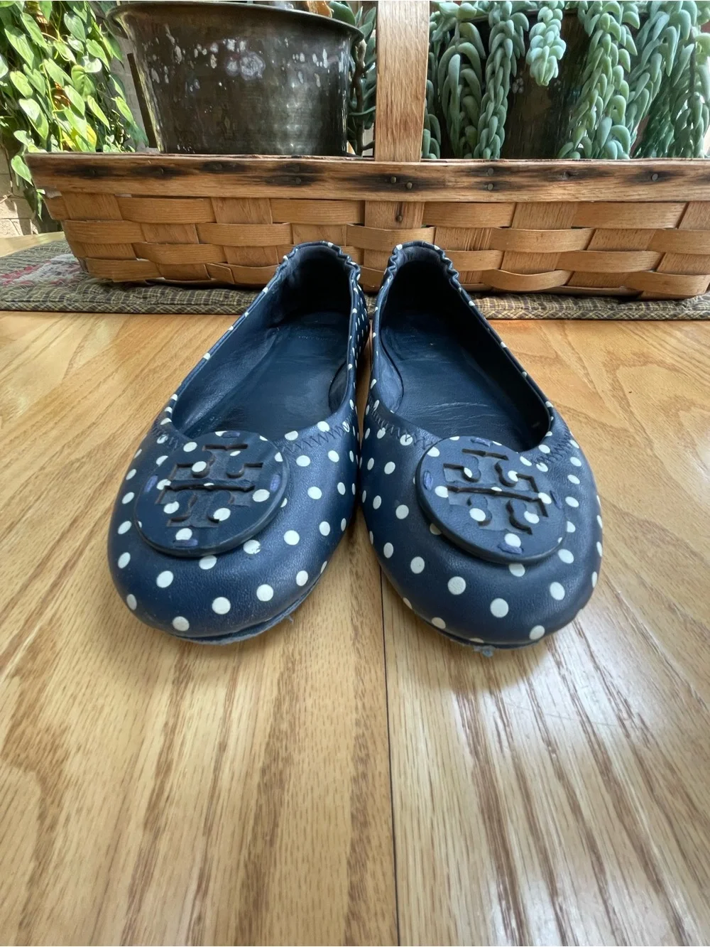 Tory Burch Navy Polka Dot Logo Ballet Flats